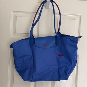 Longchamp Blue Tote with Red Trim